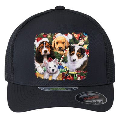 Puppy Surprise Christmas Scene Flexfit Unipanel Trucker Cap