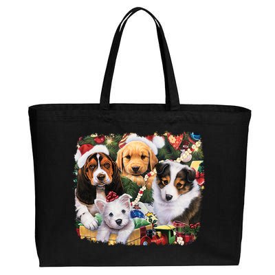 Puppy Surprise Christmas Scene Cotton Canvas Jumbo Tote