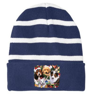 Puppy Surprise Christmas Scene Striped Beanie with Solid Band