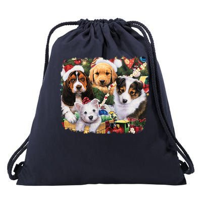 Puppy Surprise Christmas Scene Drawstring Bag