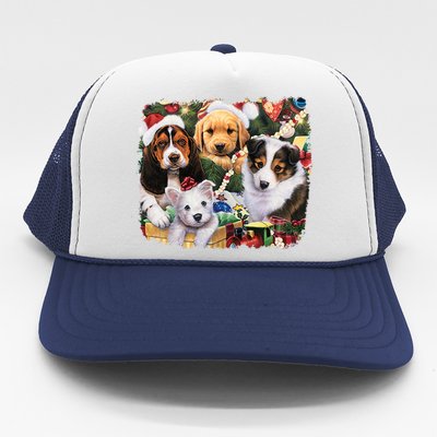 Puppy Surprise Christmas Scene Trucker Hat