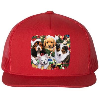 Puppy Surprise Christmas Scene Flat Bill Trucker Hat