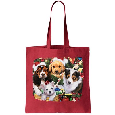 Puppy Surprise Christmas Scene Tote Bag