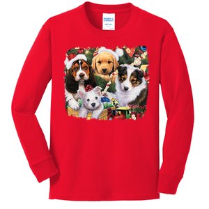 Puppy Surprise Christmas Scene Kids Long Sleeve Shirt