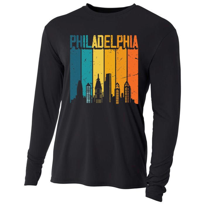 Philadelphia USA Retro Vintage Sunset Skyline Philadelphia Cooling Performance Long Sleeve Crew