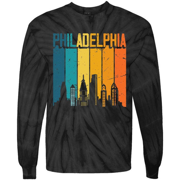 Philadelphia USA Retro Vintage Sunset Skyline Philadelphia Tie-Dye Long Sleeve Shirt