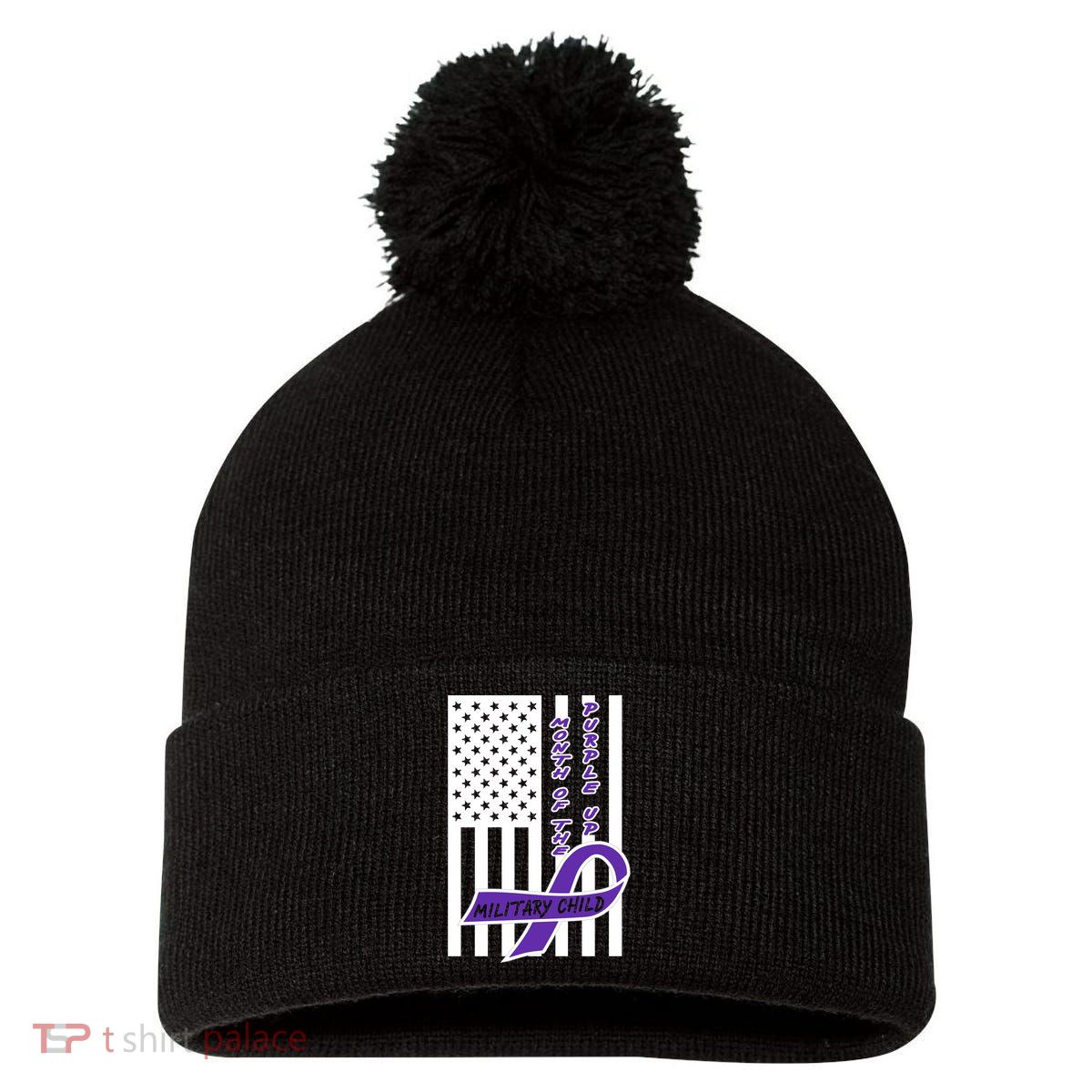 Purple Up Month Military Child Awareness Flag Pom Pom 12in Knit Beanie