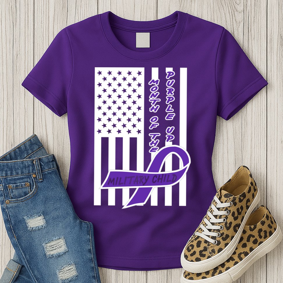 Purple Up Month Military Child Awareness Flag Womens T-Shirt