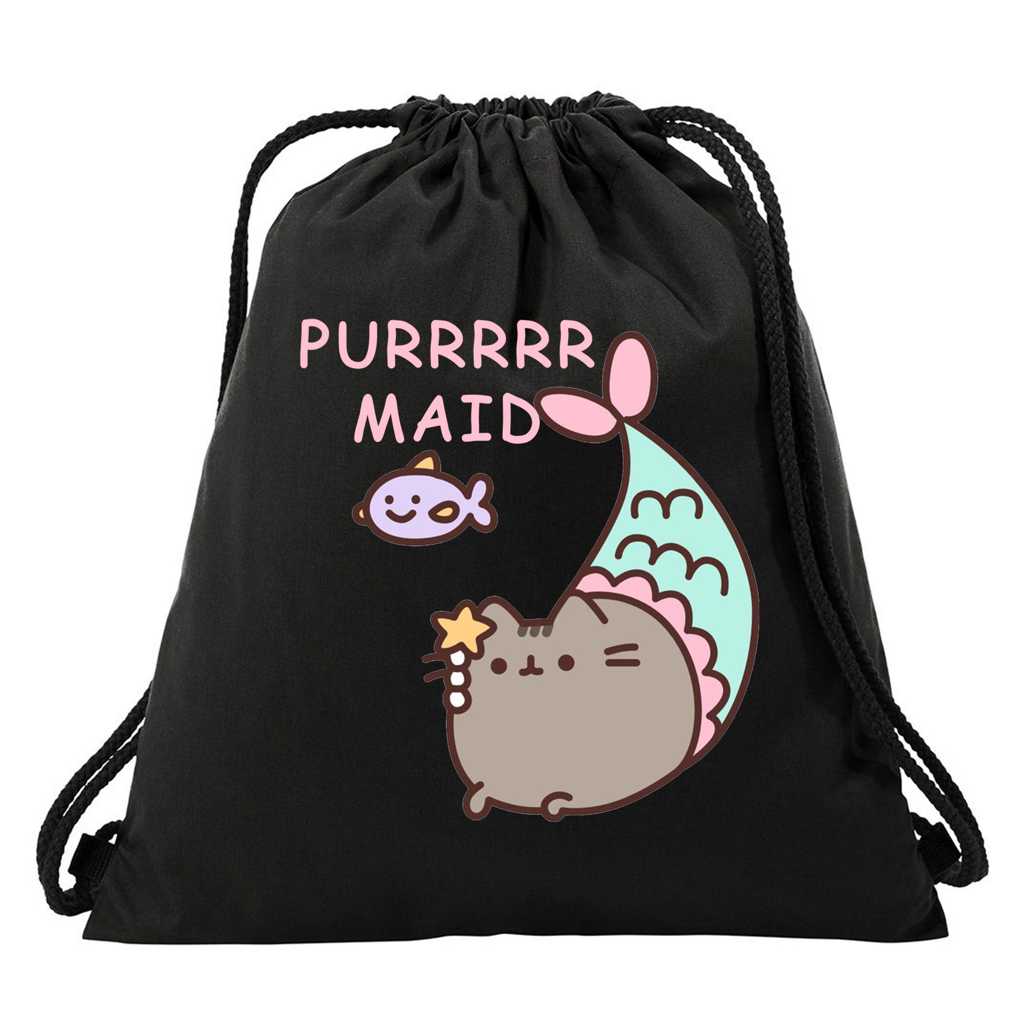 Purrrrr Maid Funny Cute Cat Mermaid Drawstring Bag