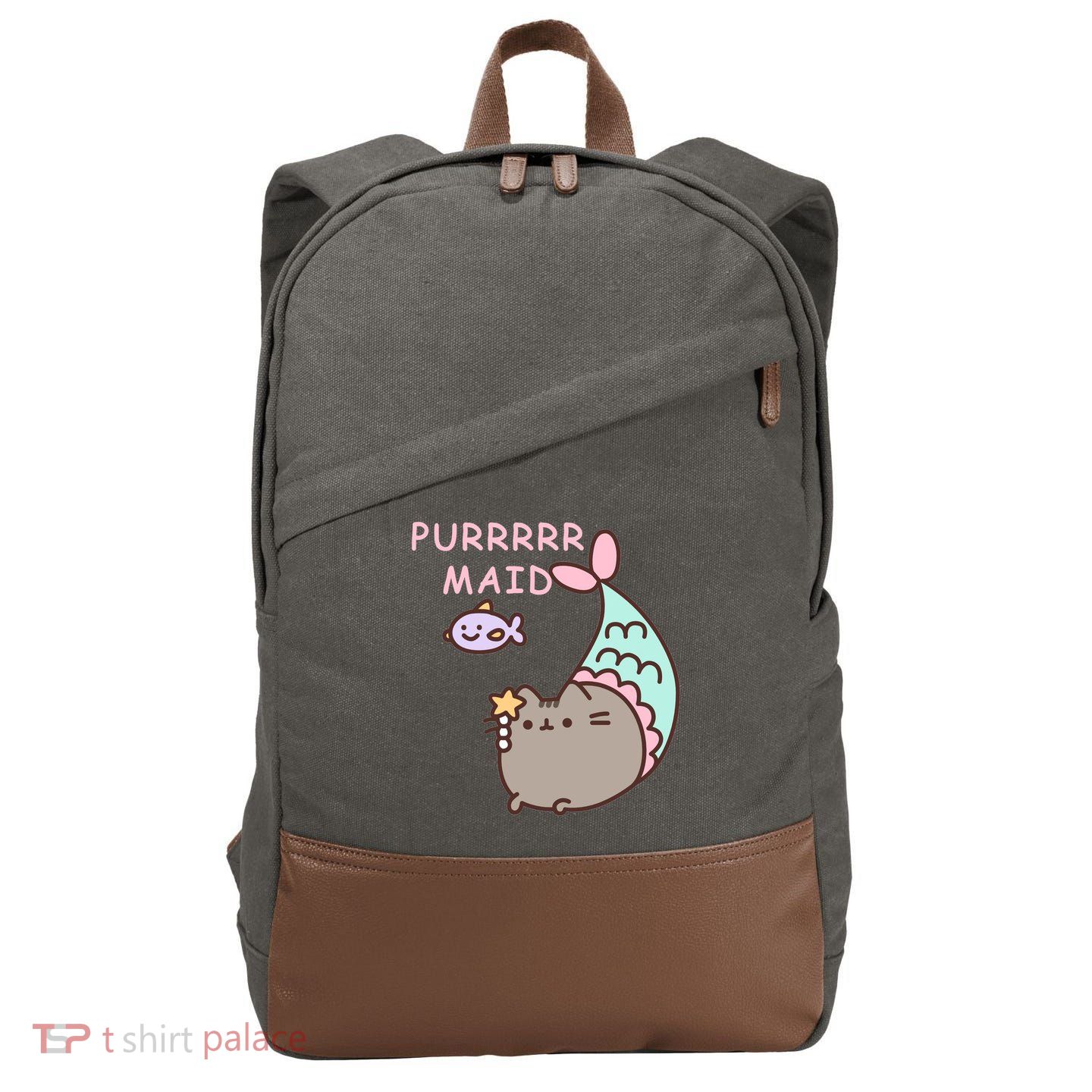 Purrrrr Maid Funny Cute Cat Mermaid Cotton Canvas Backpack