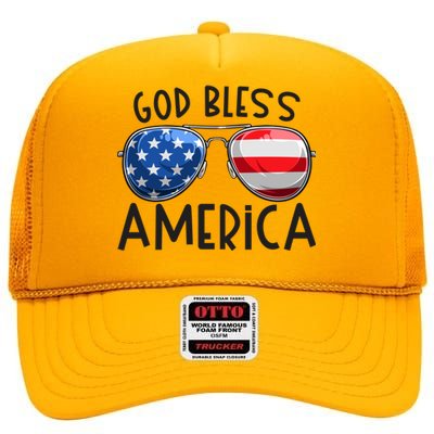 Patriotic Usa Sunglasses 4th Of July Retro God Bless America Great Gift High Crown Mesh Back Trucker Hat