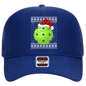 Pickleball Ugly Sweater Santa Lighting Pickleball Christmas Gift High Crown Mesh Back Trucker Hat