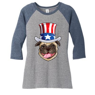 Pug Uncle Sam Shirt 4th Of July Kids Boys American Flag Women's Tri-Blend 3/4-Sleeve Raglan Shirt