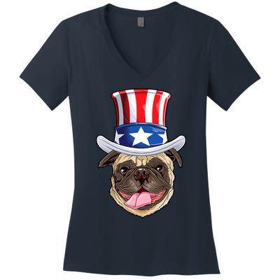 Pug Uncle Sam Shirt 4th Of July Kids Boys American Flag Women's V-Neck T-Shirt