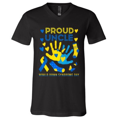 Proud Uncle T21 World Down Syndrome Awareness Day Ribbon V-Neck T-Shirt