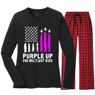 Purple Up US Flag Fighter Jet Military Kids Military Child Women's Long Sleeve Flannel Pajama Set 