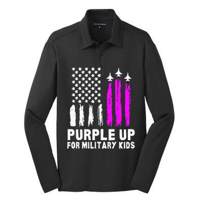 Purple Up US Flag Fighter Jet Military Kids Military Child Silk Touch Performance Long Sleeve Polo