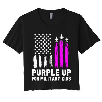 Purple Up US Flag Fighter Jet Military Kids Military Child Women's Crop Top Tee