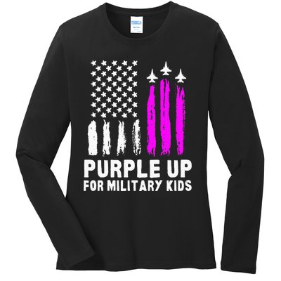 Purple Up US Flag Fighter Jet Military Kids Military Child Ladies Long Sleeve Shirt