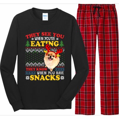 Pomeranian Ugly Xmas Funny Gift They See You're Eating Funny Gift Long Sleeve Pajama Set