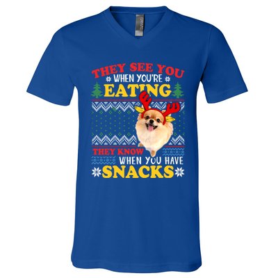 Pomeranian Ugly Xmas Funny Gift They See You're Eating Funny Gift V-Neck T-Shirt