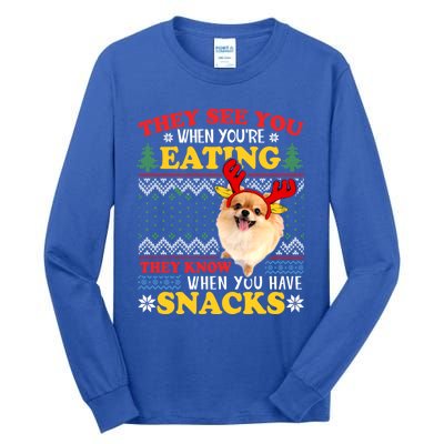 Pomeranian Ugly Xmas Funny Gift They See You're Eating Funny Gift Tall Long Sleeve T-Shirt