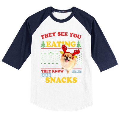 Pomeranian Ugly Xmas Funny Gift They See You're Eating Funny Gift Baseball Sleeve Shirt