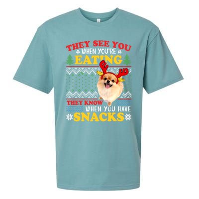 Pomeranian Ugly Xmas Funny Gift They See You're Eating Funny Gift Sueded Cloud Jersey T-Shirt