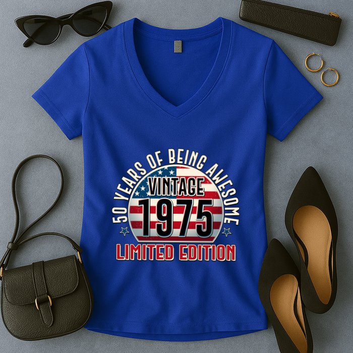Patriotic Vintage 1975 Limited Edition 50 Years Of Being Awesome Women's V-Neck T-Shirt