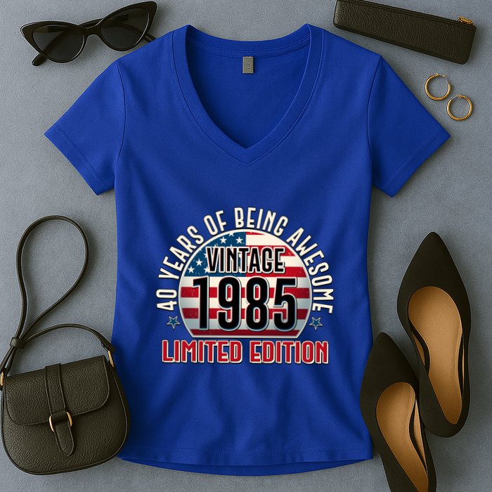 Patriotic Vintage 1985 Limited Edition 40 Years Of Being Awesome Women's V-Neck T-Shirt