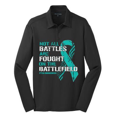 Patriotic Veteran American Flag Teal Ribbon Warrior Ptsd Gift Silk Touch Performance Long Sleeve Polo