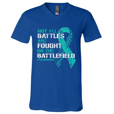 Patriotic Veteran American Flag Teal Ribbon Warrior Ptsd Gift V-Neck T-Shirt