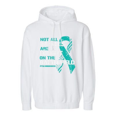 Patriotic Veteran American Flag Teal Ribbon Warrior Ptsd Gift Garment-Dyed Fleece Hoodie