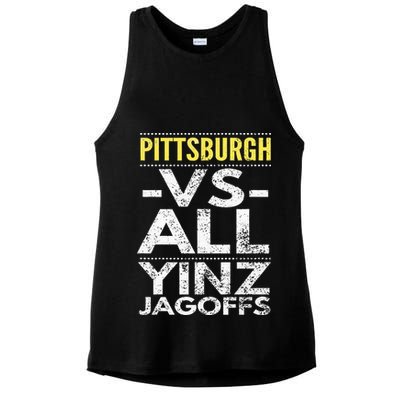 Pittsburgh Vs All Yinz Jagoffs Distressed Ladies PosiCharge Tri-Blend Wicking Tank
