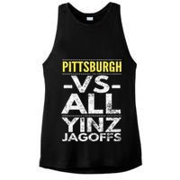 Pittsburgh Vs All Yinz Jagoffs Distressed Ladies PosiCharge Tri-Blend Wicking Tank