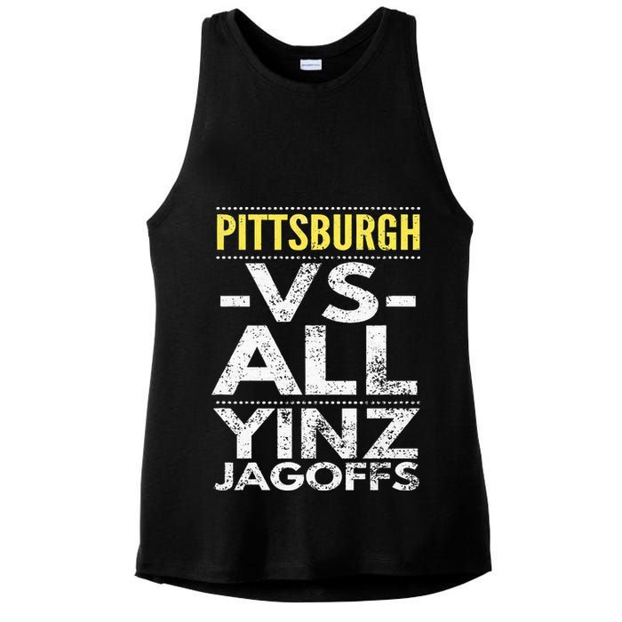 Pittsburgh Vs All Yinz Jagoffs Distressed Ladies PosiCharge Tri-Blend Wicking Tank