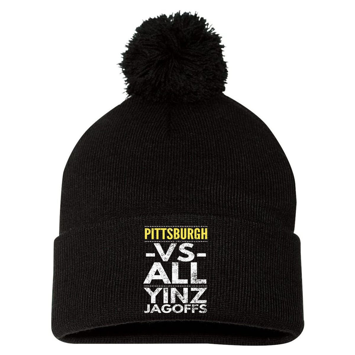 Pittsburgh Vs All Yinz Jagoffs Distressed Pom Pom 12in Knit Beanie