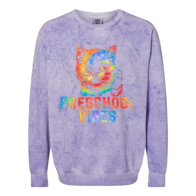 Preschool Vibes Back To School Cat Kitty Girl Tie Dye Gift Colorblast Crewneck Sweatshirt