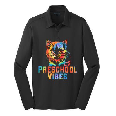 Preschool Vibes Back To School Cat Kitty Girl Tie Dye Gift Silk Touch Performance Long Sleeve Polo