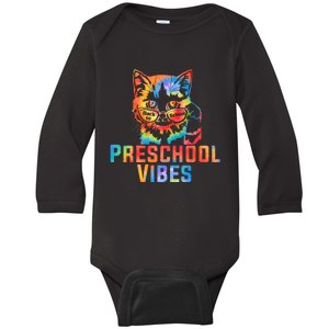 Preschool Vibes Back To School Cat Kitty Girl Tie Dye Gift Baby Long Sleeve Bodysuit