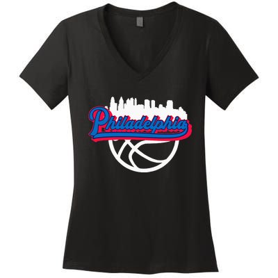 Philadelphia Vintage Basketball Script City Skyline Fan Women's V-Neck T-Shirt