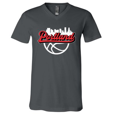 Portland Vintage Basketball Script City Skyline Fan V-Neck T-Shirt