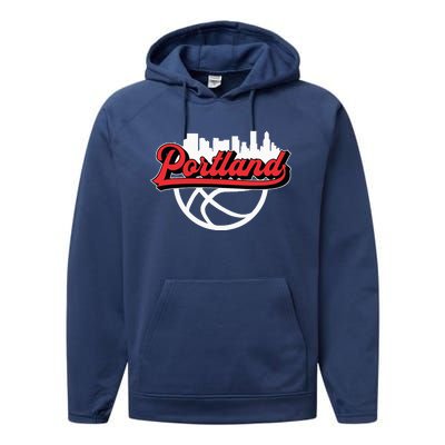 Portland Vintage Basketball Script City Skyline Fan Performance Fleece Hoodie