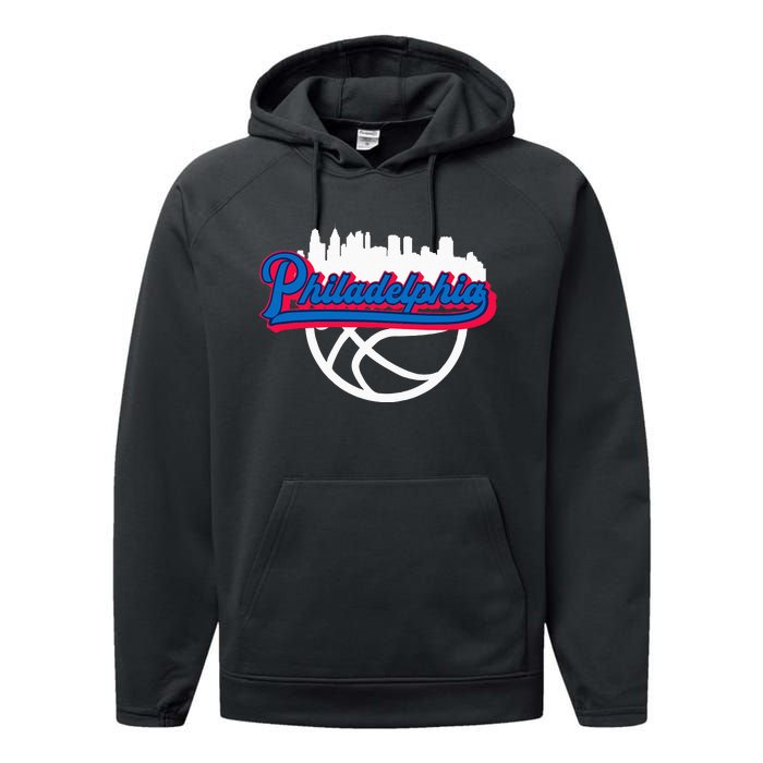 Philadelphia Vintage Basketball Script City Skyline Fan Performance Fleece Hoodie