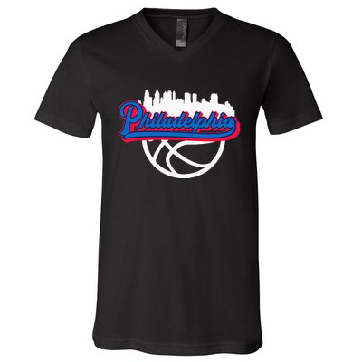 Philadelphia Vintage Basketball Script City Skyline Fan V-Neck T-Shirt