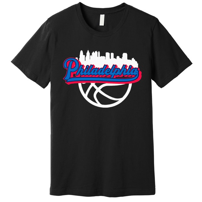 Philadelphia Vintage Basketball Script City Skyline Fan Premium T-Shirt