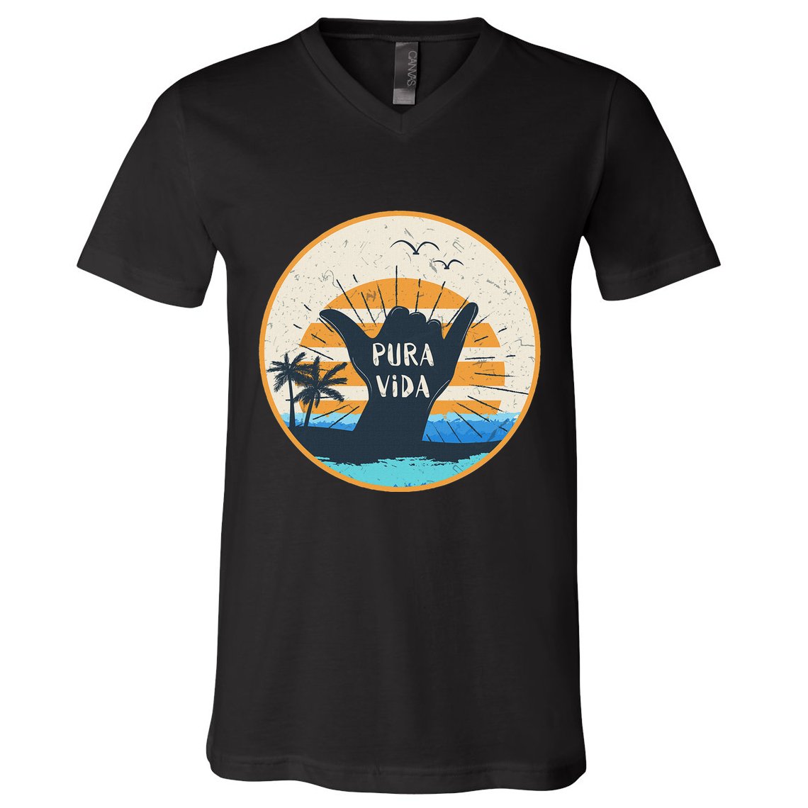 Pura Vida Costa Rica Shaka Sign Surfing Surfer V-Neck T-Shirt