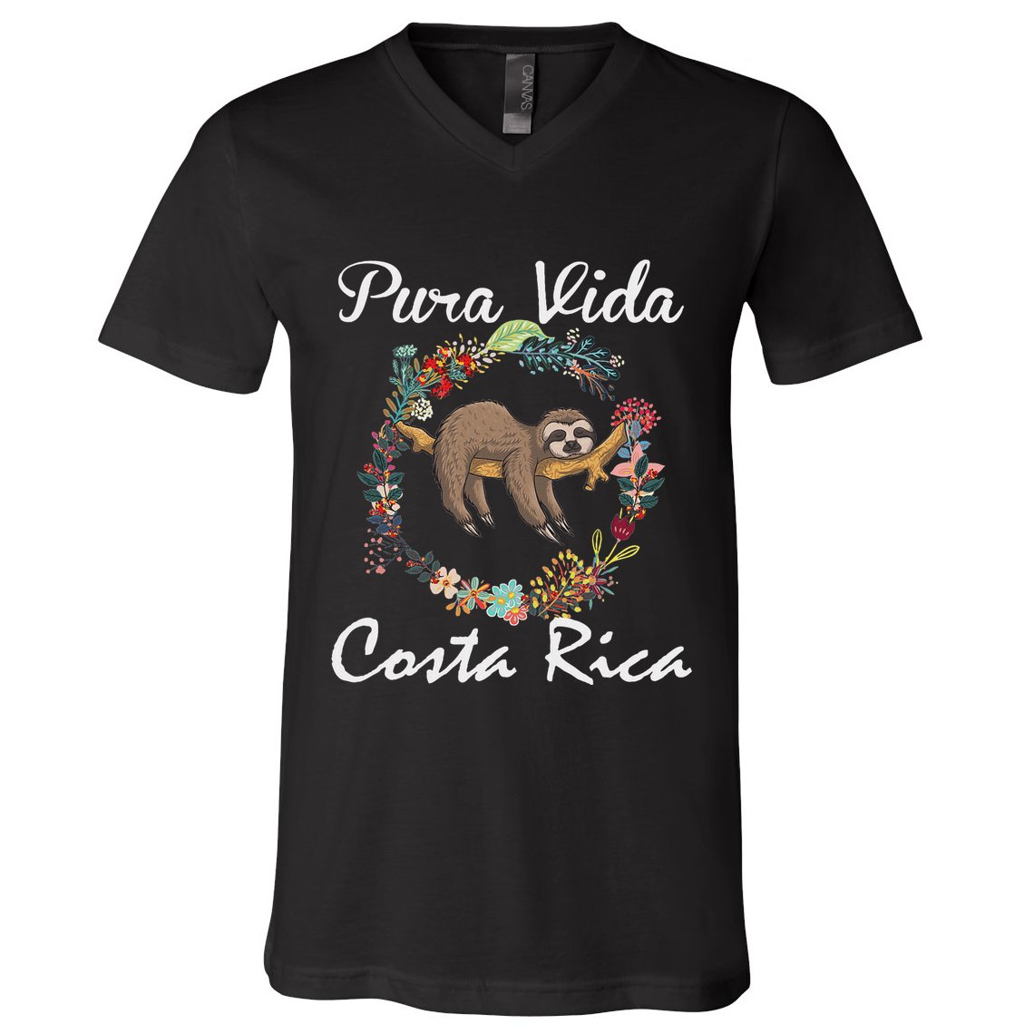 Pura Vida Costa Rica Floral Cute Sleepy Sloth Funny Gift V-Neck T-Shirt