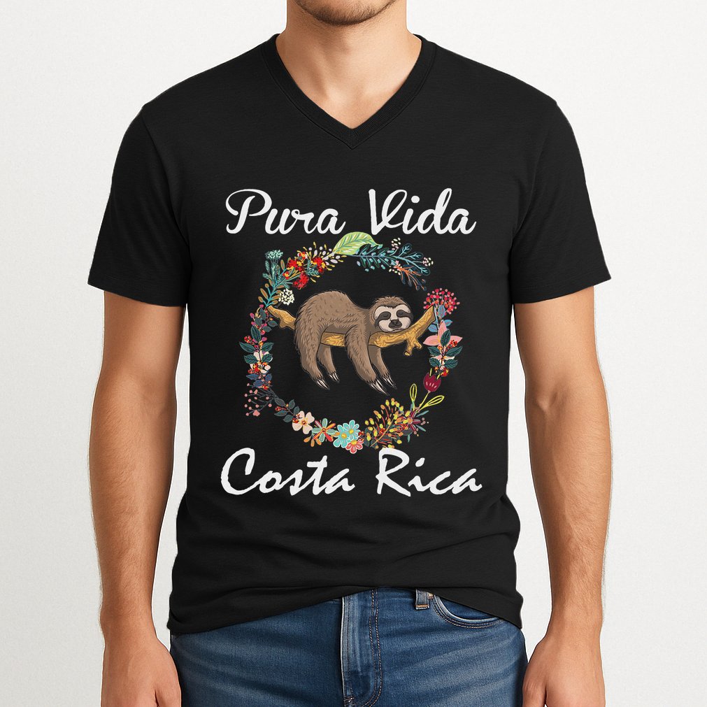 Pura Vida Costa Rica Floral Cute Sleepy Sloth Funny Gift V-Neck T-Shirt