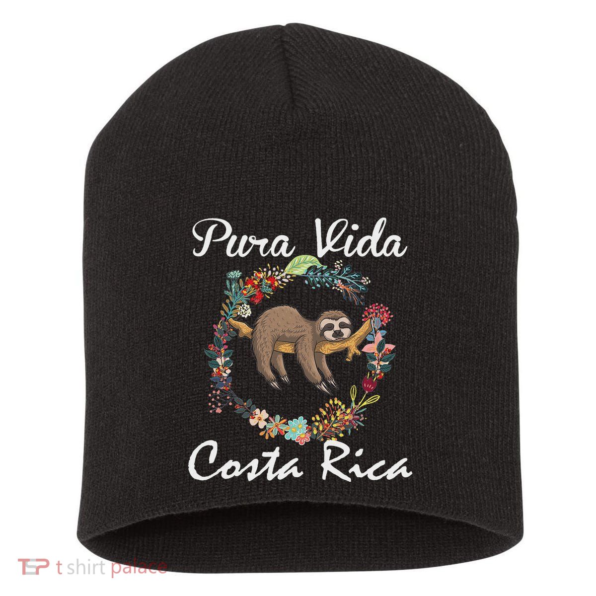Pura Vida Costa Rica Floral Cute Sleepy Sloth Funny Gift Short Acrylic Beanie